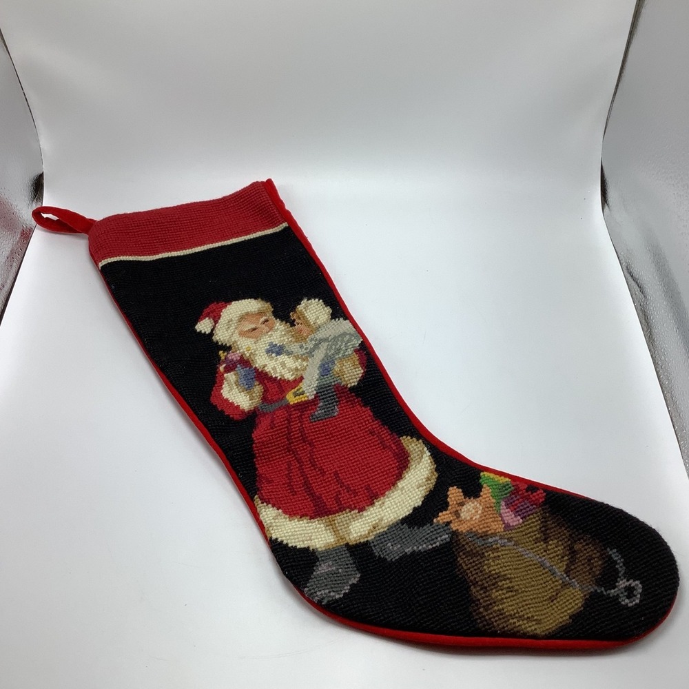 VTG Imperial Elegance Wool Needlepoint 19" Old World Santa‎ Stocking Velvet Back